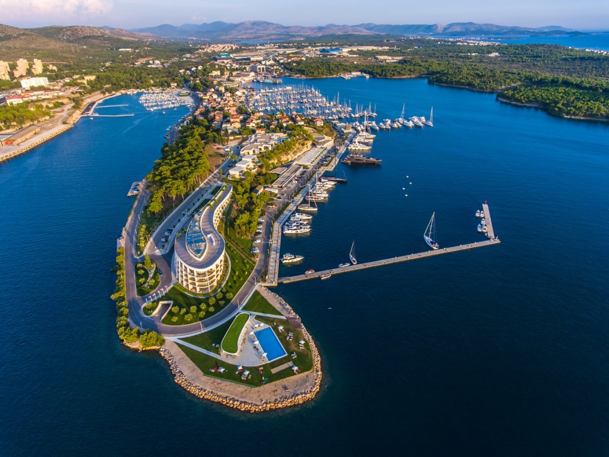 Aerial view of a marina on the Šibenik peninsula