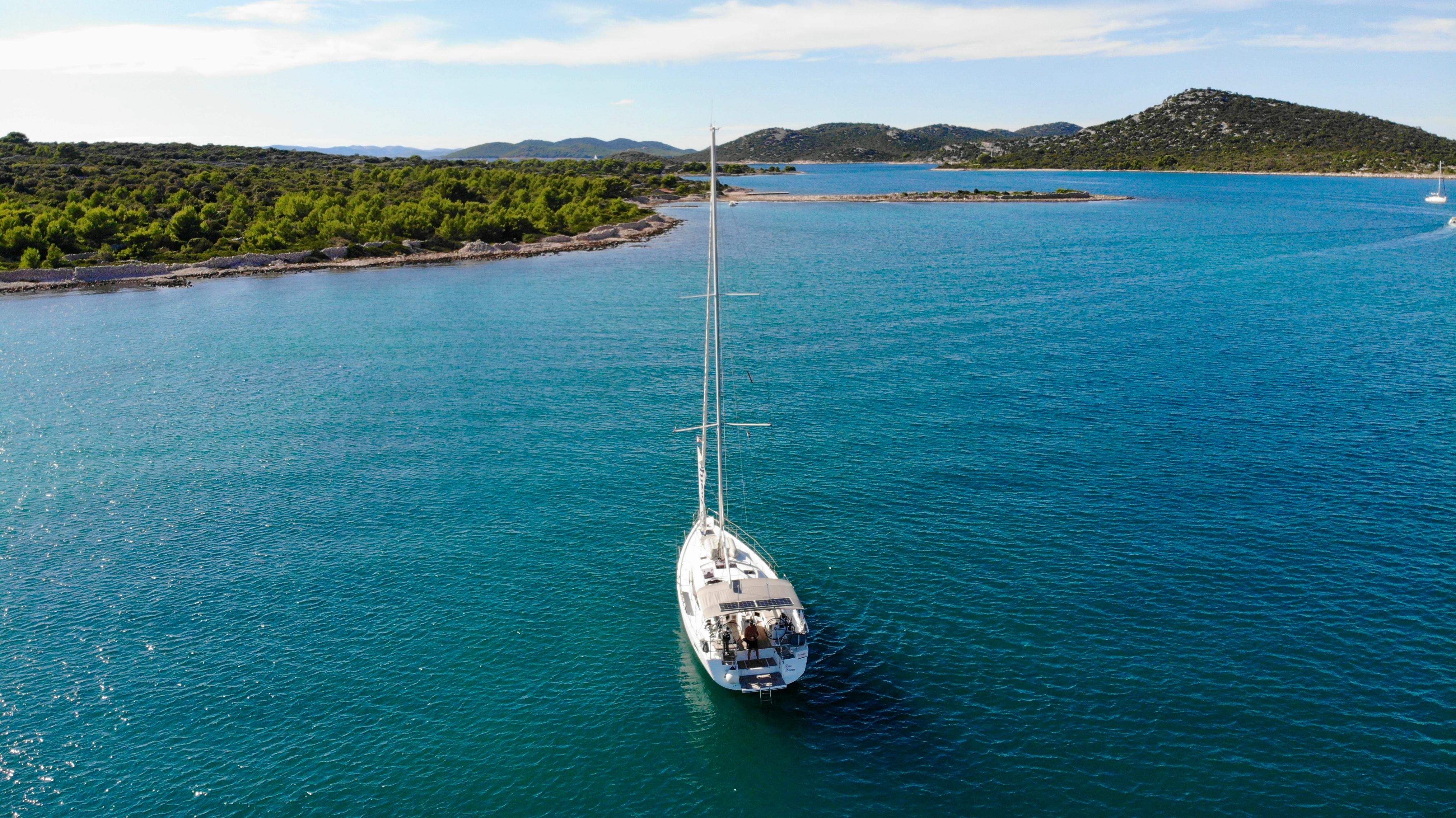 Blue Dream anchored under sail